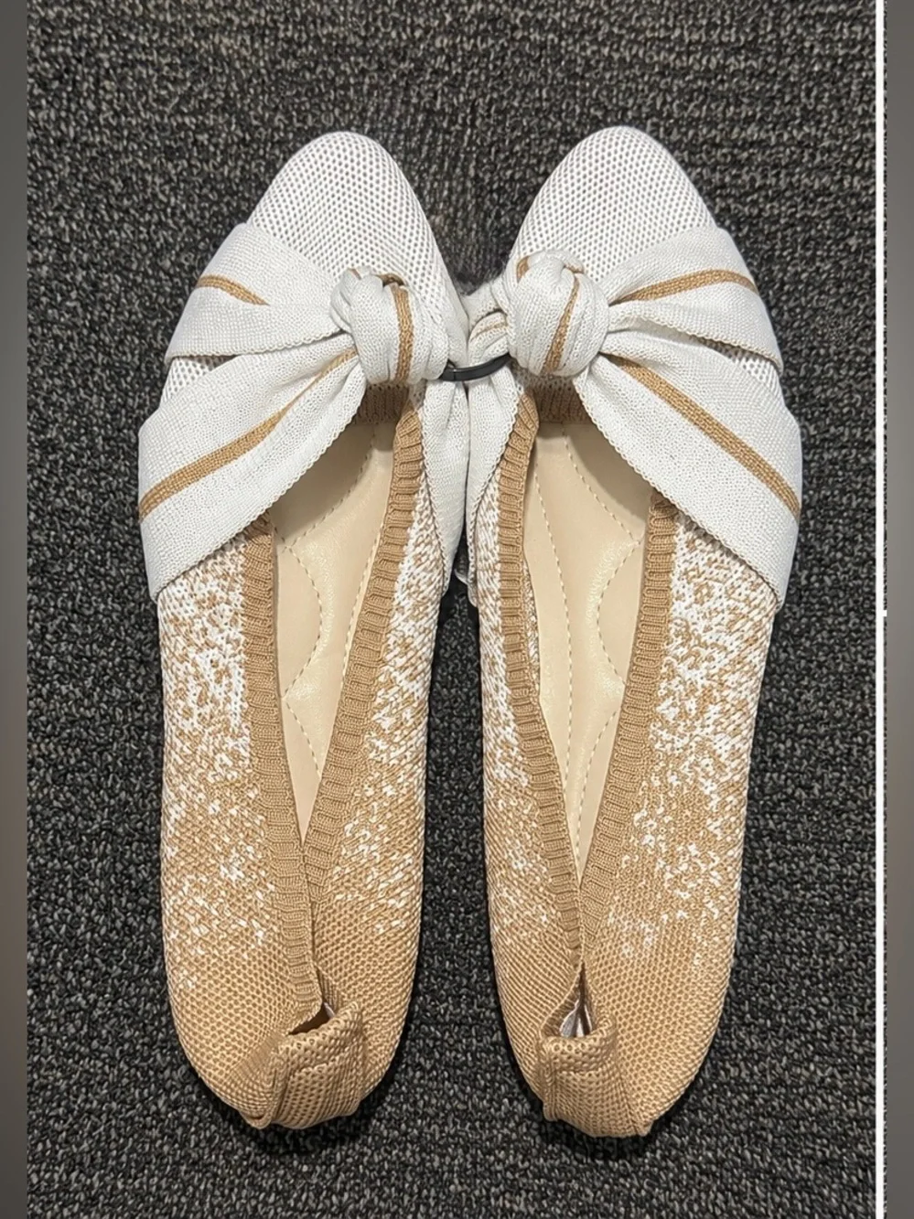 Women’s Two-Tone Knit Bow Ballet Flats - Beige & White-NWOT